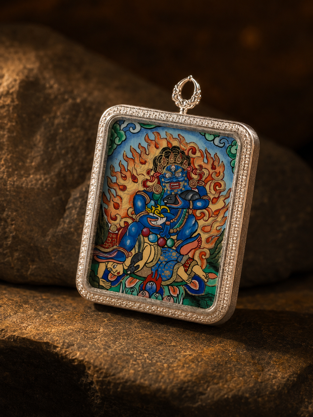【Eight Guardian Deities Series】Black Jambhala Portable Thangka, Tibetan Pure Mineral Hand-painted, Tibetan Silver Frame