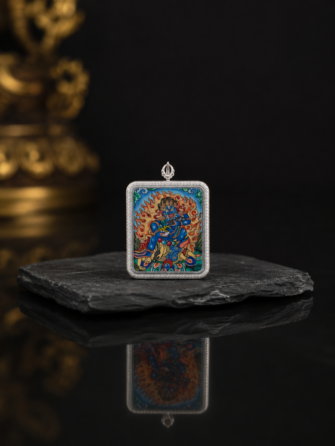 【Eight Guardian Deities Series】Black Jambhala Portable Thangka, Tibetan Pure Mineral Hand-painted, Tibetan Silver Frame