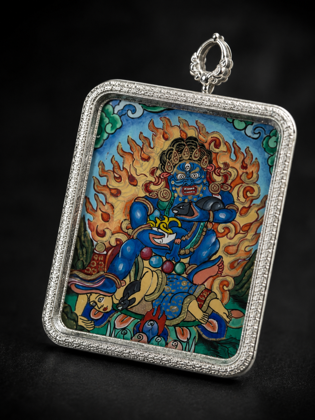 【Eight Guardian Deities Series】Black Jambhala Portable Thangka, Tibetan Pure Mineral Hand-painted, Tibetan Silver Frame