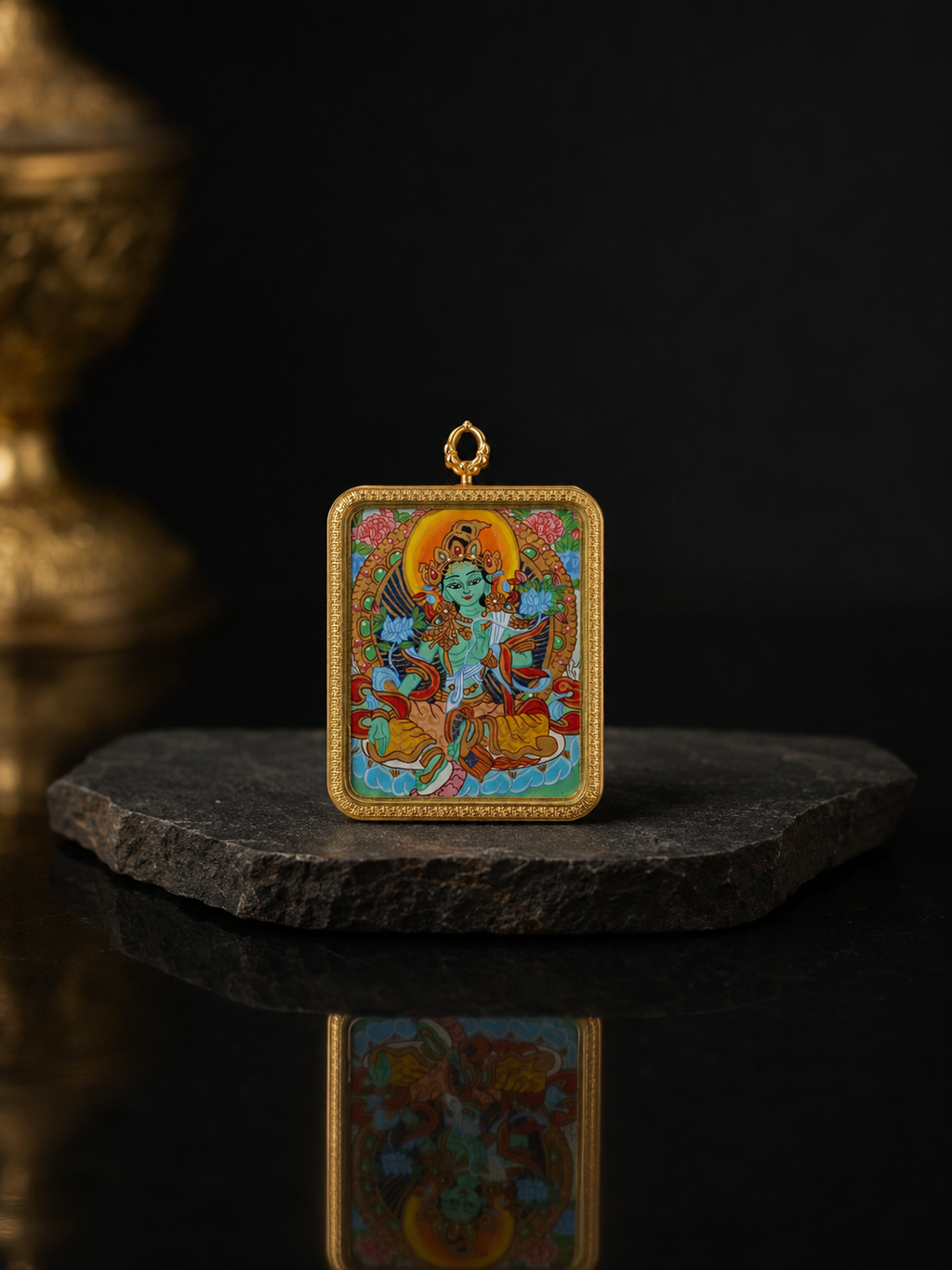 [Eight Guardians · Rooster Exclusive] Acalanatha × Green Tara Double-Sided Portable Thangka - Tibetan Pure Mineral Hand-Painted, Gold-Edged Rectangular