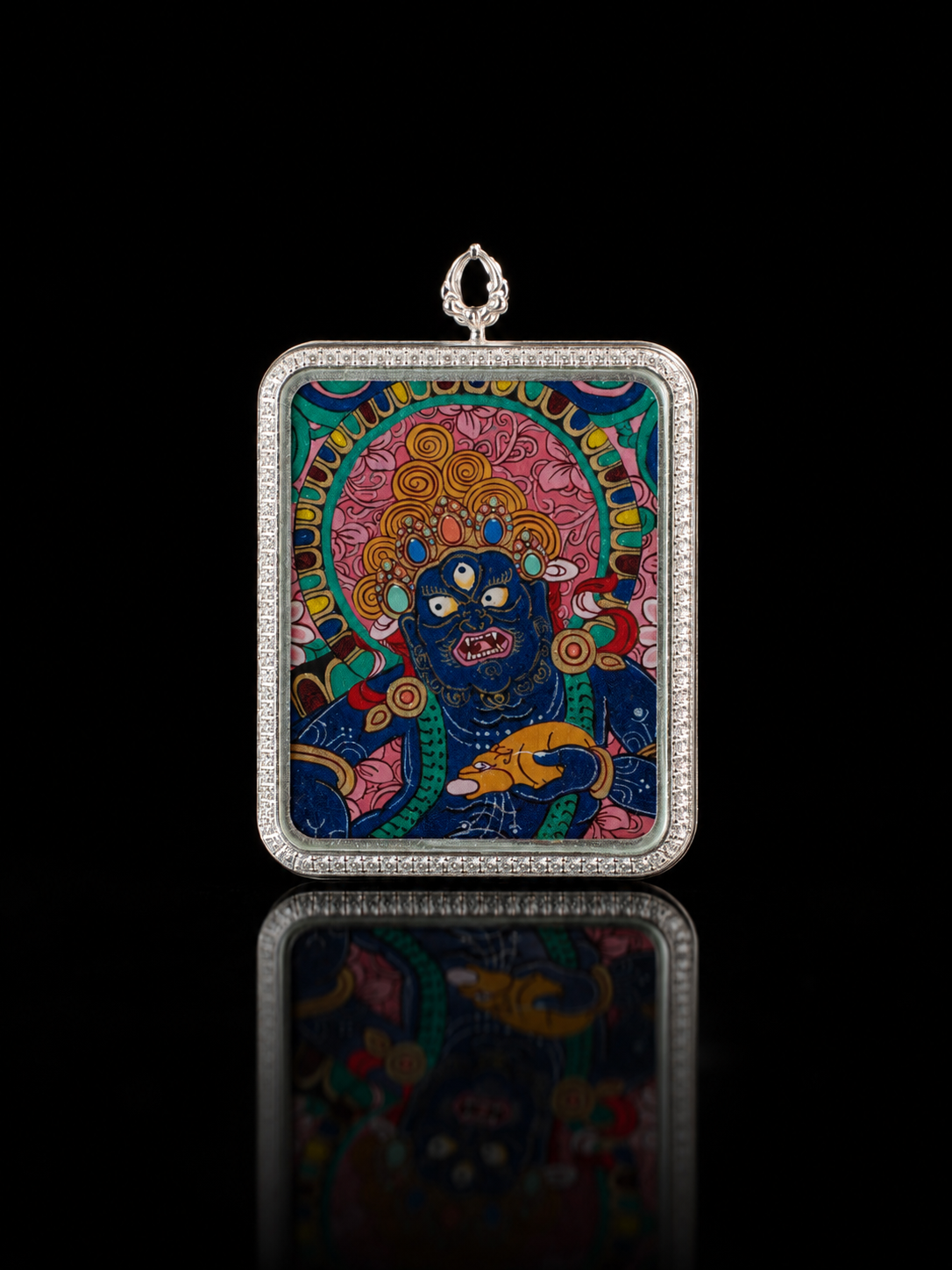 【Eight Great Protectors Series】Black Dzambhala Portable Thangka - Tibetan Pure Mineral Hand-painted with Tibetan Silver Frame