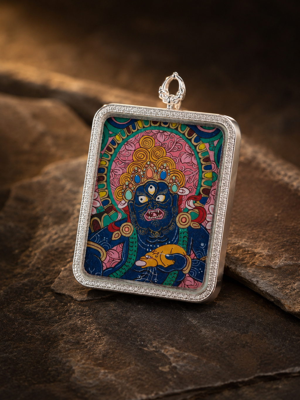 【Eight Great Protectors Series】Black Dzambhala Portable Thangka - Tibetan Pure Mineral Hand-painted with Tibetan Silver Frame