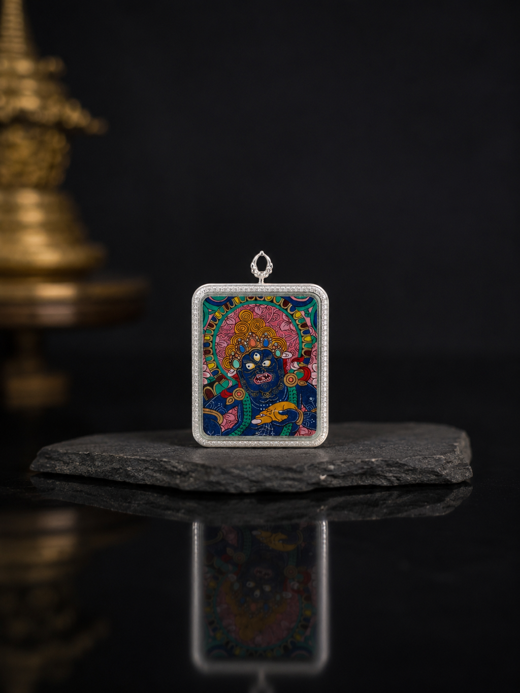 【Eight Great Protectors Series】Black Dzambhala Portable Thangka - Tibetan Pure Mineral Hand-painted with Tibetan Silver Frame