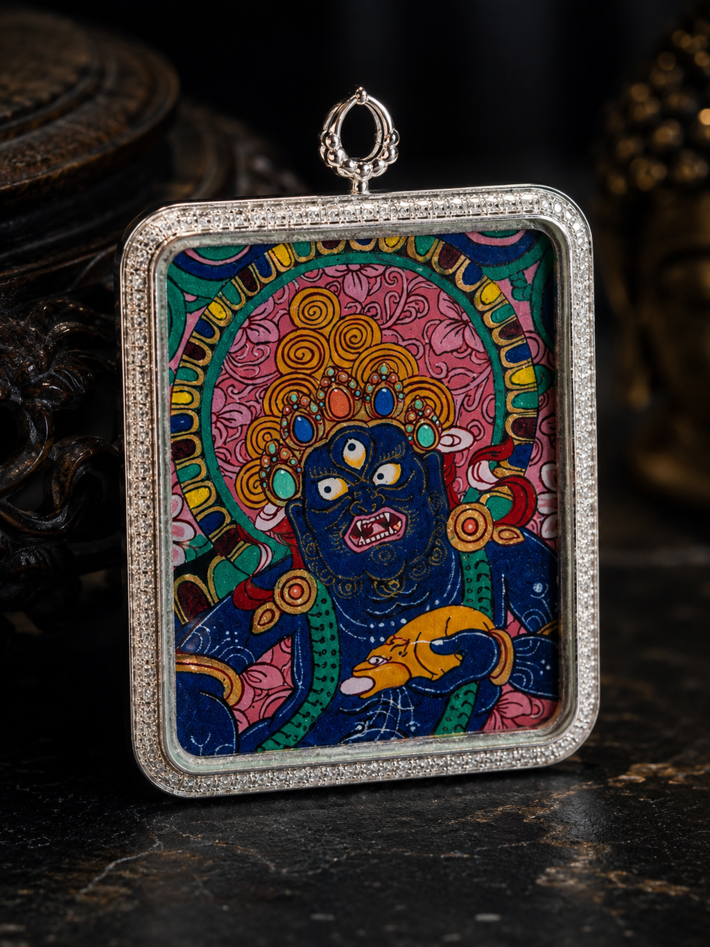 【Eight Great Protectors Series】Black Dzambhala Portable Thangka - Tibetan Pure Mineral Hand-painted with Tibetan Silver Frame