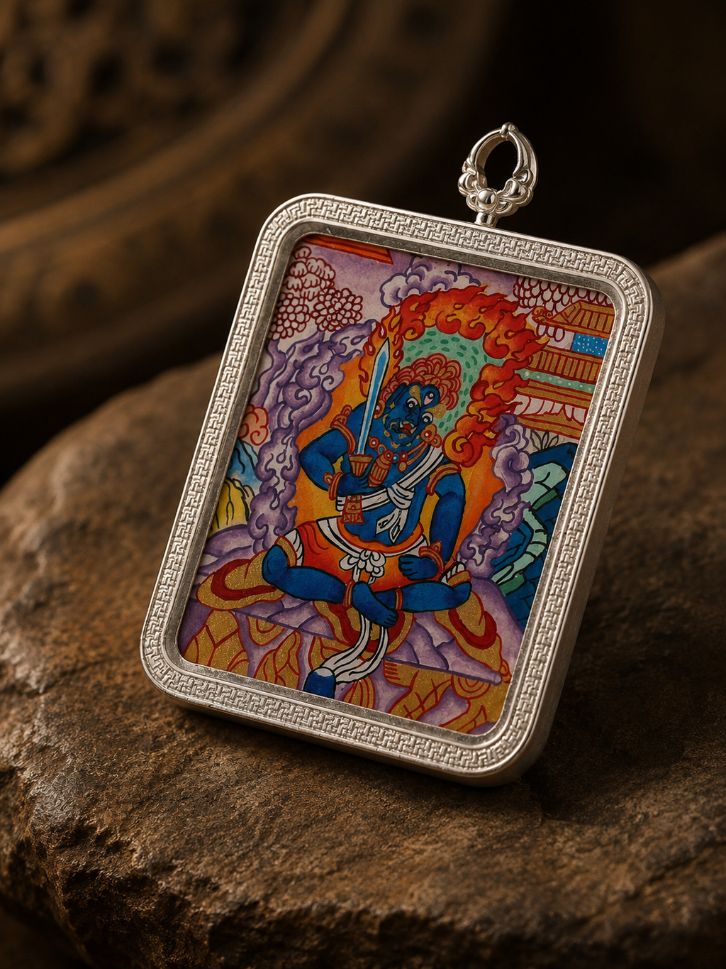 [Eight Guardians · Rooster Exclusive] Acalanatha Portable Thangka - Tibetan Pure Mineral Hand-painted with Tibetan Silver Frame