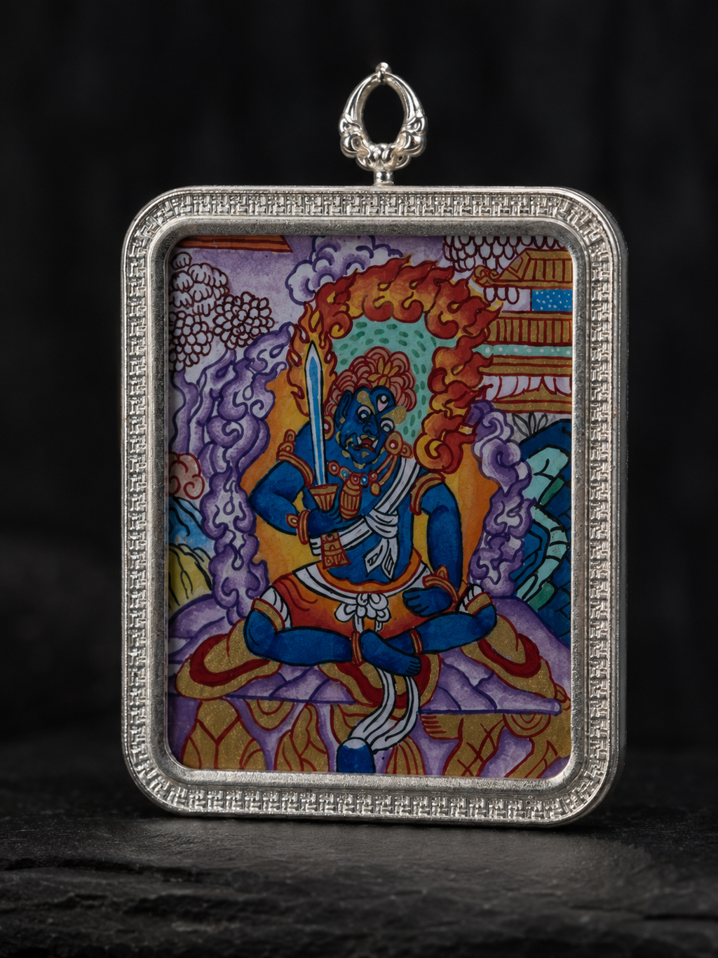 [Eight Guardians · Rooster Exclusive] Acalanatha Portable Thangka - Tibetan Pure Mineral Hand-painted with Tibetan Silver Frame