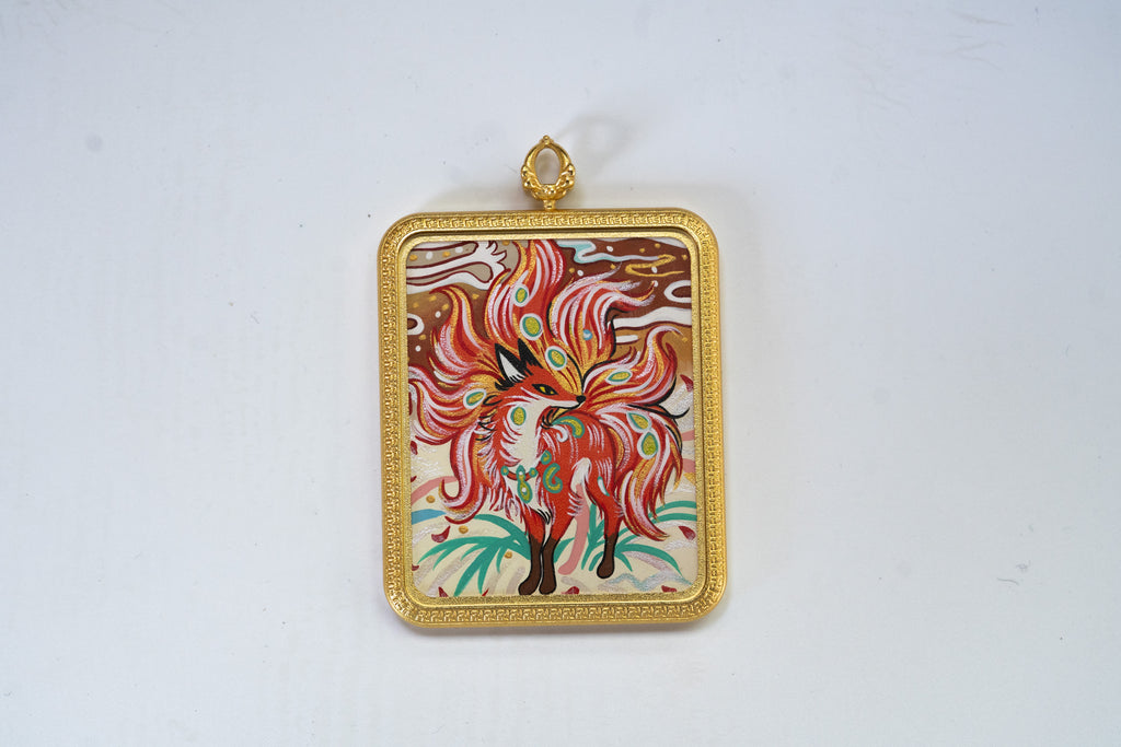 八大守护·灵狐系列 | 火焰九尾狐仙金边随身唐卡 纯手工矿物颜料 藏式护运灵兽