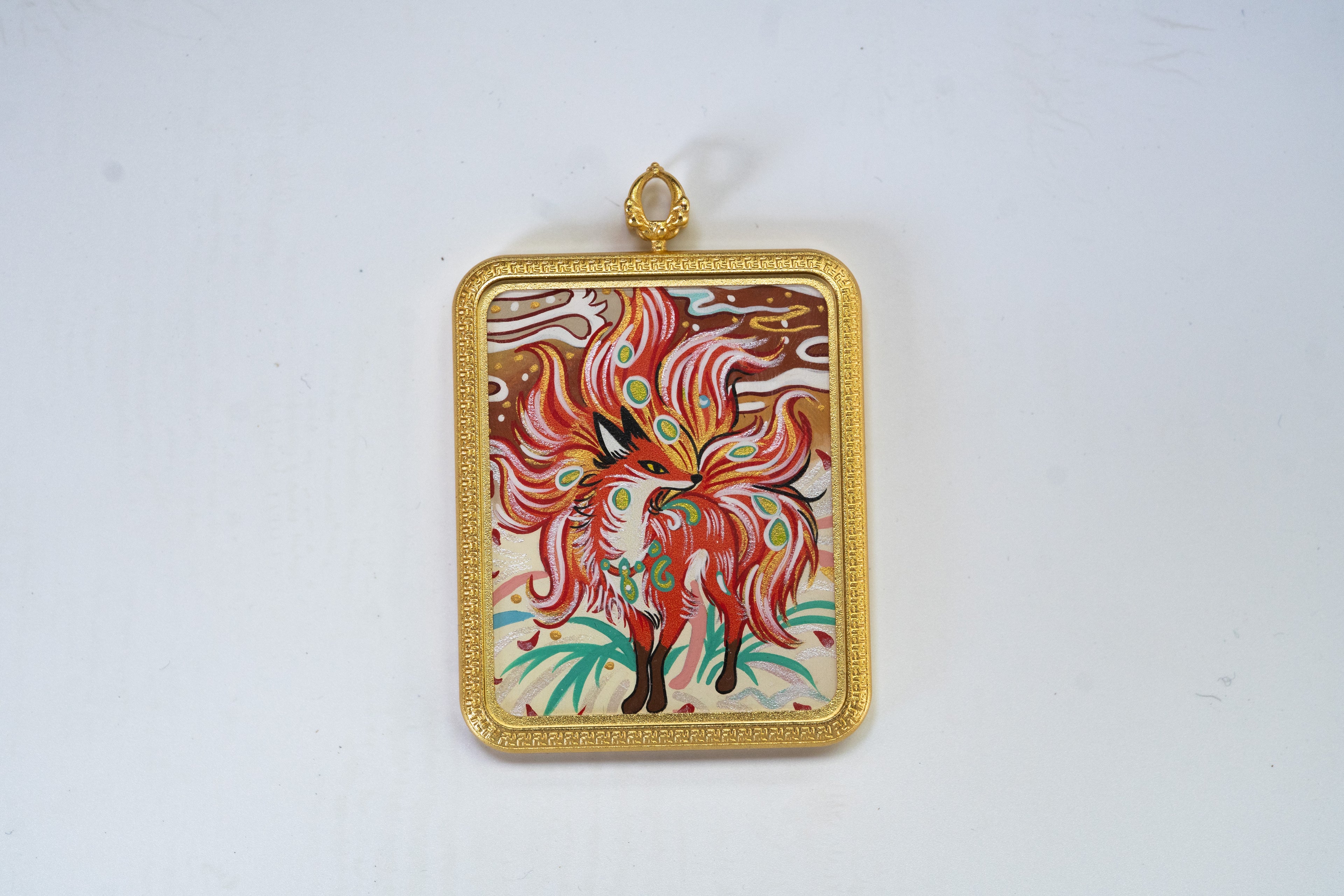 八大守护·灵狐系列 | 火焰九尾狐仙金边随身唐卡 纯手工矿物颜料 藏式护运灵兽