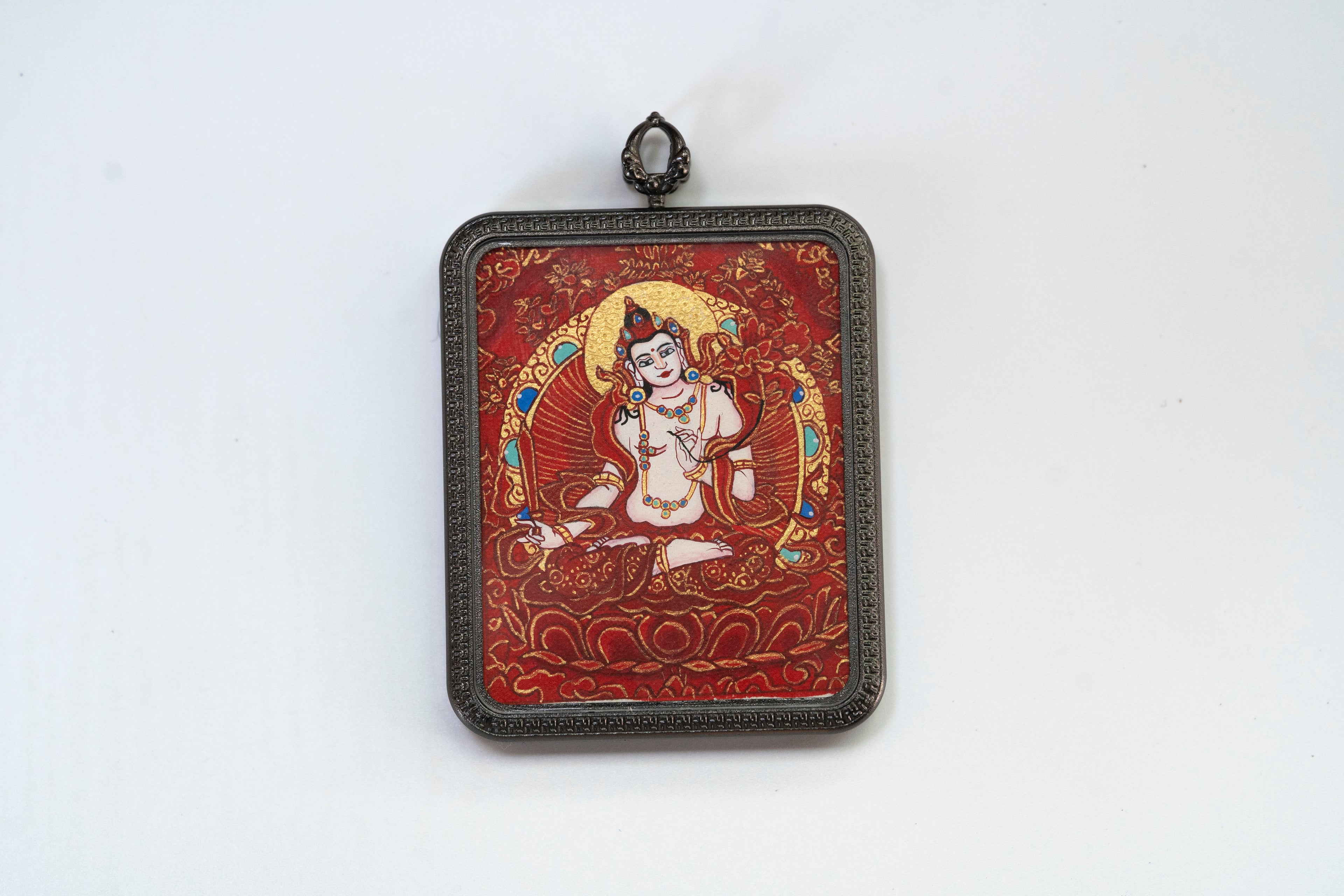 Eight Guardian Series | Akasagarbha & Yellow Jambhala Double-Sided Red Thangka Wearable Thangka, Purely Hand-Painted Mineral Pigments, Ox and Tiger Zodiac Protection