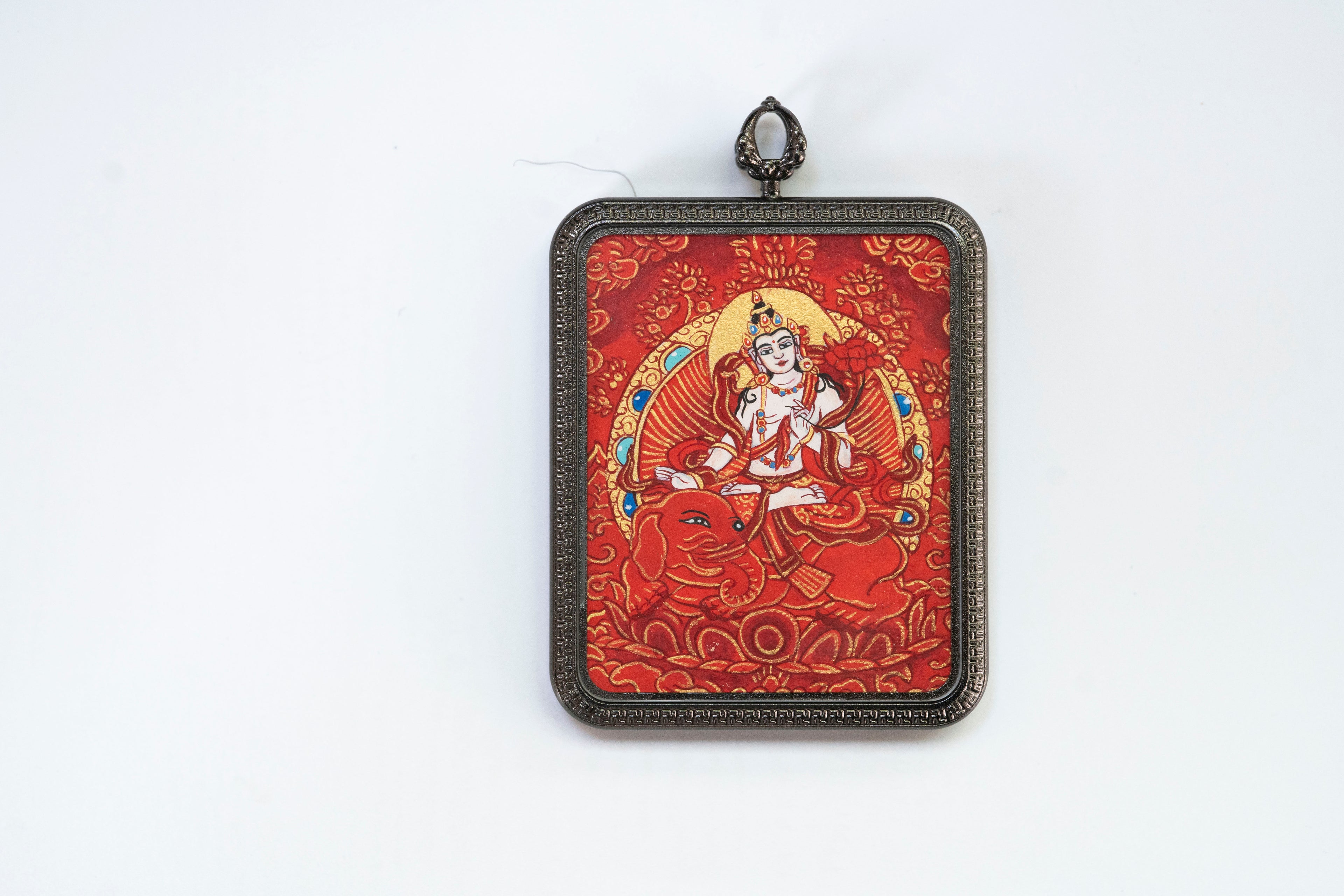 Eight Great Protectors · Dragon and Snake Series | Samantabhadra & Yellow Jambhala Double-Sided Red Thangka Amulet, Purely Hand-Painted with Mineral Pigments, Tibetan Buddhist Natal Protection