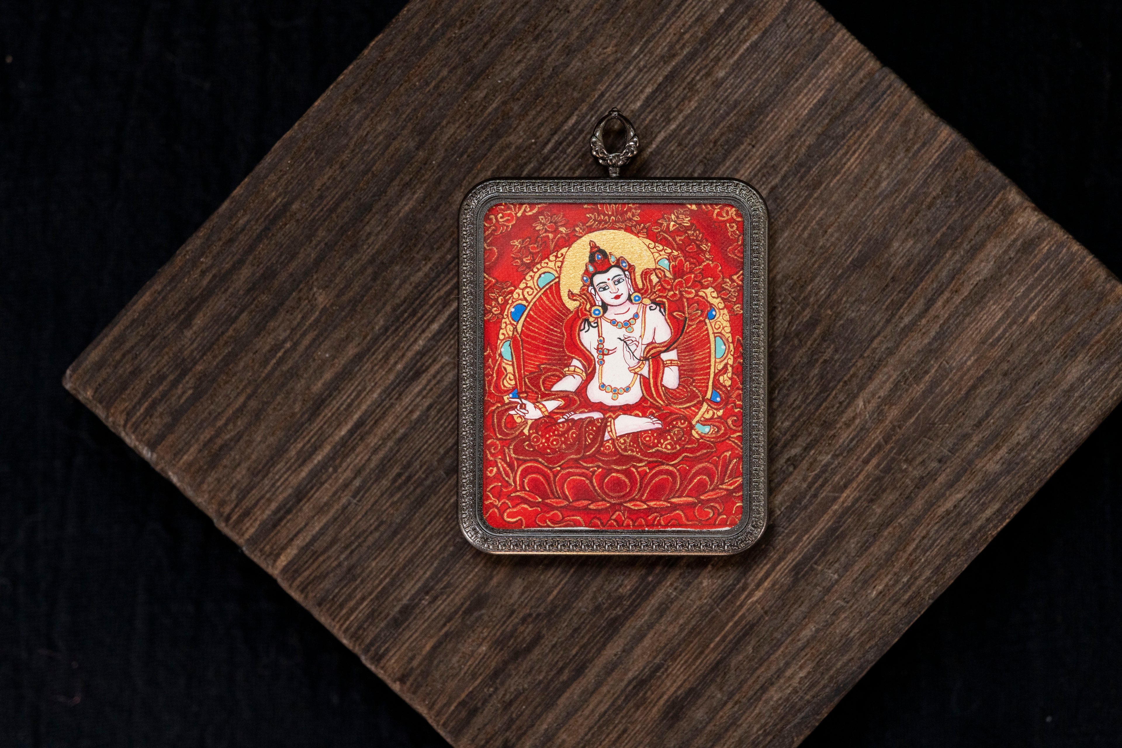 Eight Guardian Series | Akasagarbha & Yellow Jambhala Double-Sided Red Thangka Wearable Thangka, Purely Hand-Painted Mineral Pigments, Ox and Tiger Zodiac Protection