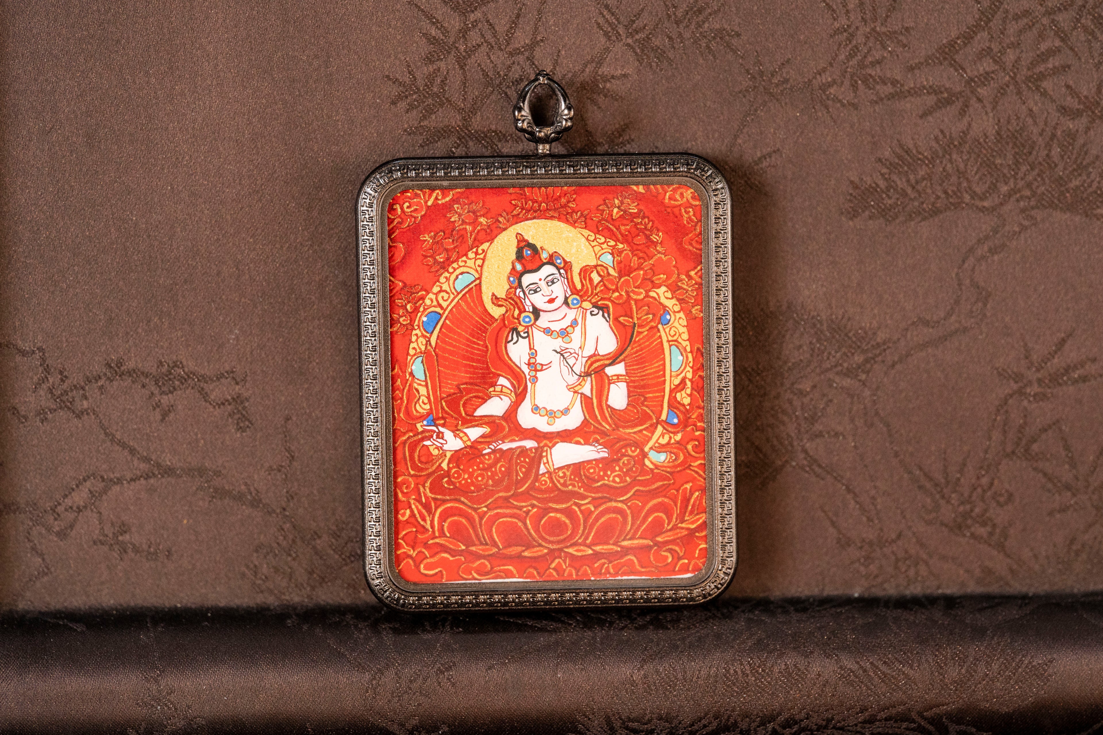Eight Guardian Series | Akasagarbha & Yellow Jambhala Double-Sided Red Thangka Wearable Thangka, Purely Hand-Painted Mineral Pigments, Ox and Tiger Zodiac Protection
