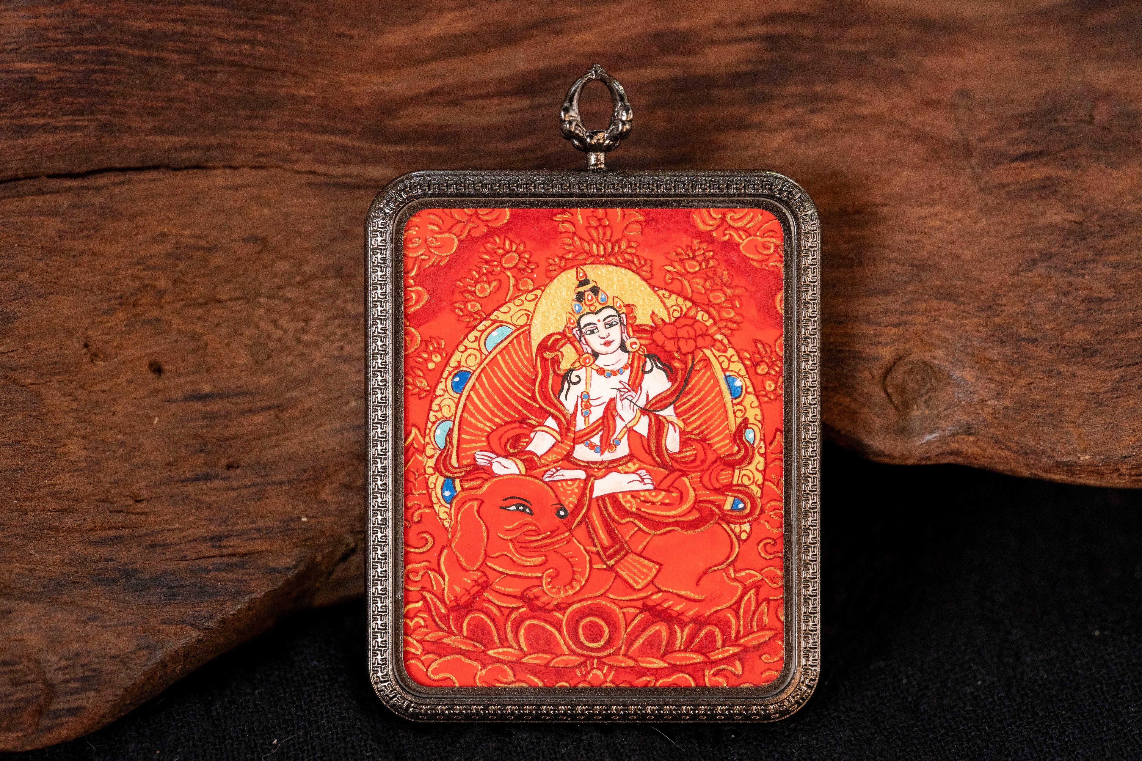 Eight Great Protectors · Dragon and Snake Series | Samantabhadra & Yellow Jambhala Double-Sided Red Thangka Amulet, Purely Hand-Painted with Mineral Pigments, Tibetan Buddhist Natal Protection