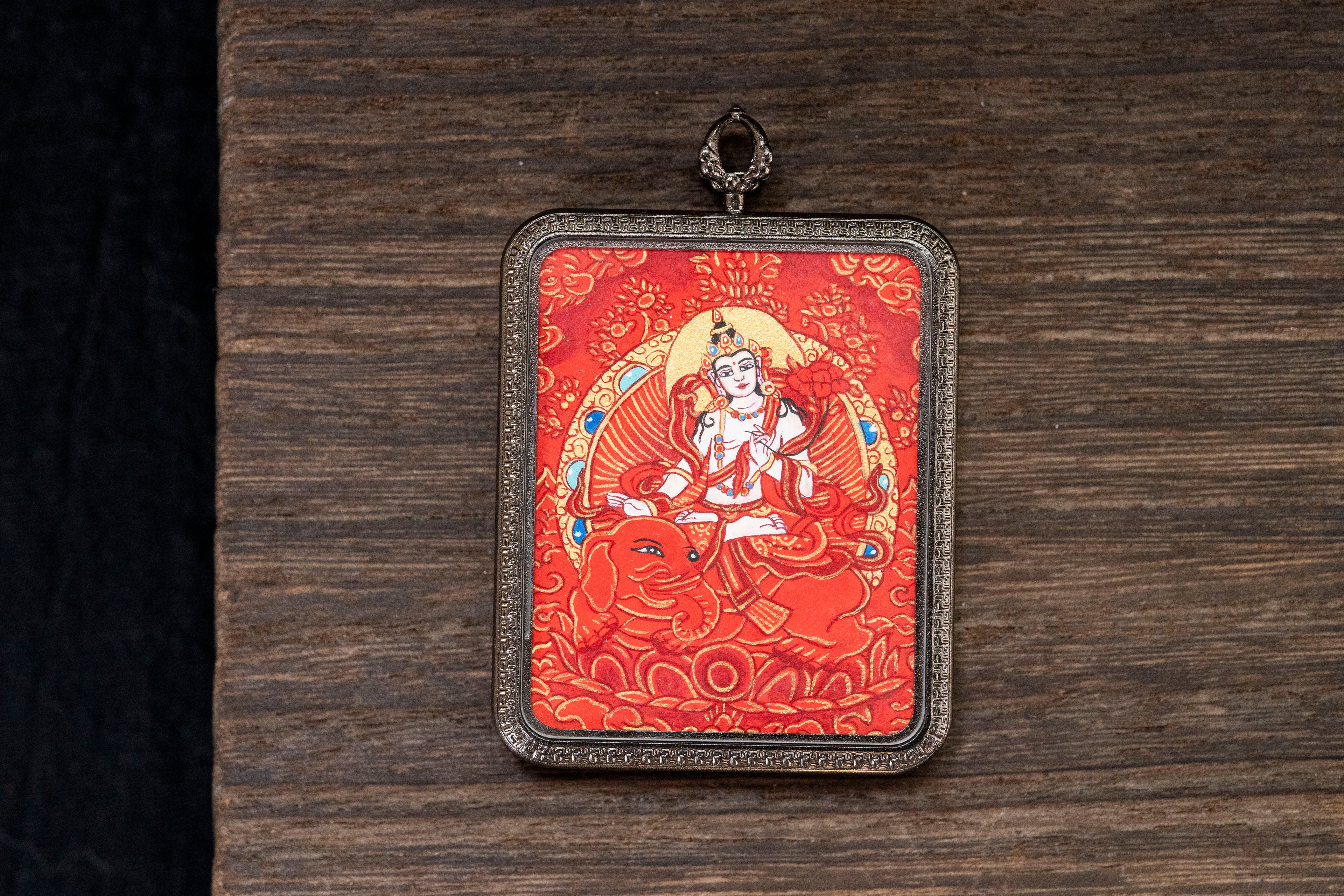 Eight Great Protectors · Dragon and Snake Series | Samantabhadra & Yellow Jambhala Double-Sided Red Thangka Amulet, Purely Hand-Painted with Mineral Pigments, Tibetan Buddhist Natal Protection
