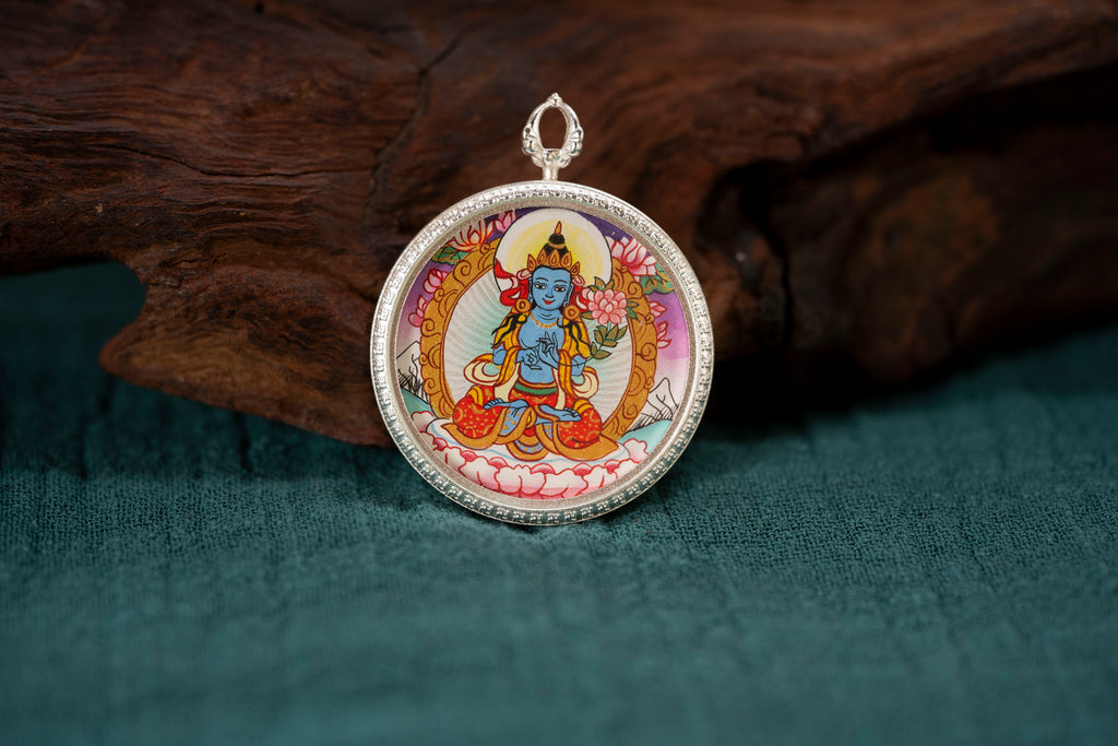 Mahasthamaprapta & Green Tara Round Thangka, Horse Zodiac｜大势至绿度母马本命唐卡