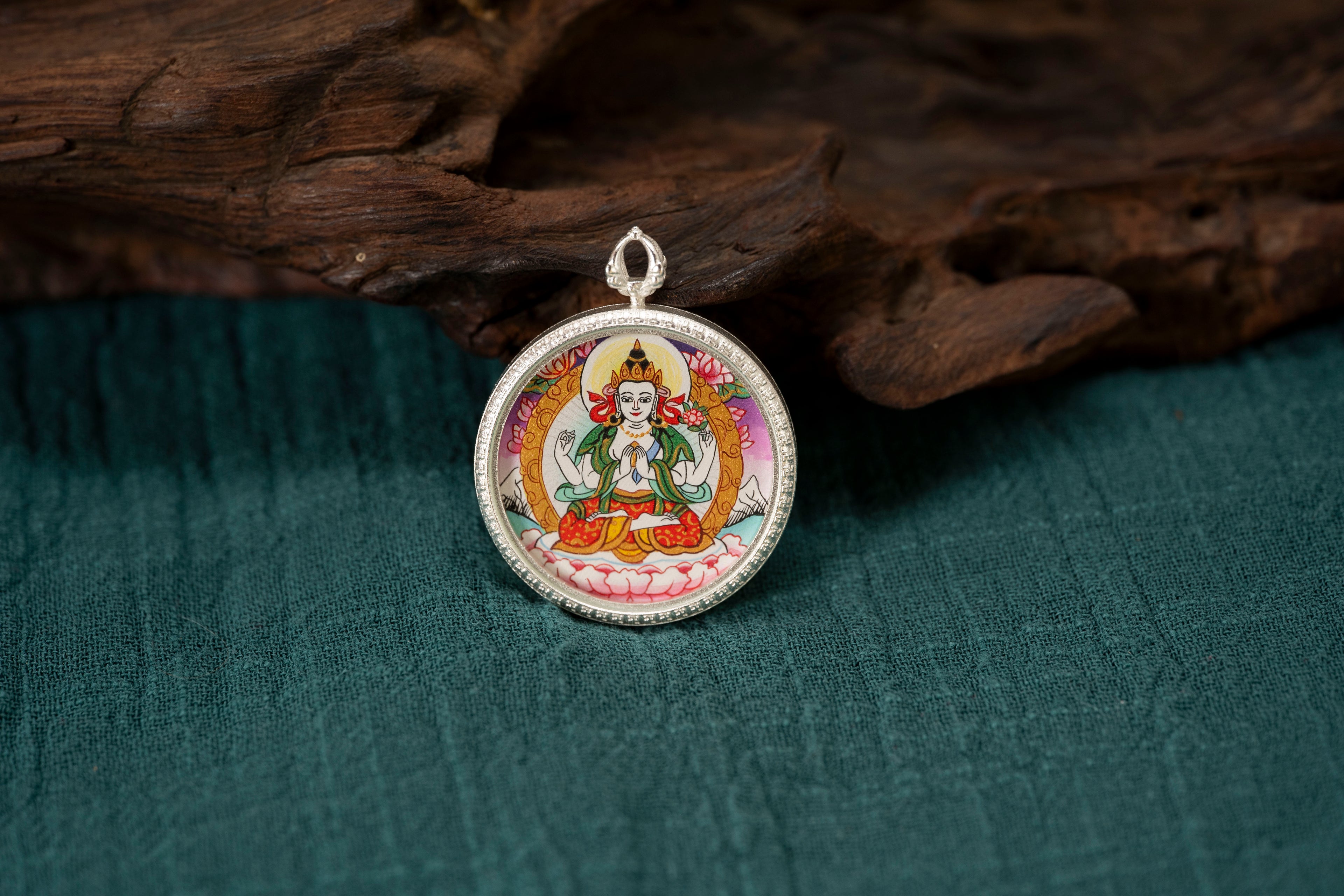 八大守护·鼠系列 | 四臂观音&绿度母双面圆形随身唐卡 纯手工矿物颜料 藏传本命护佑