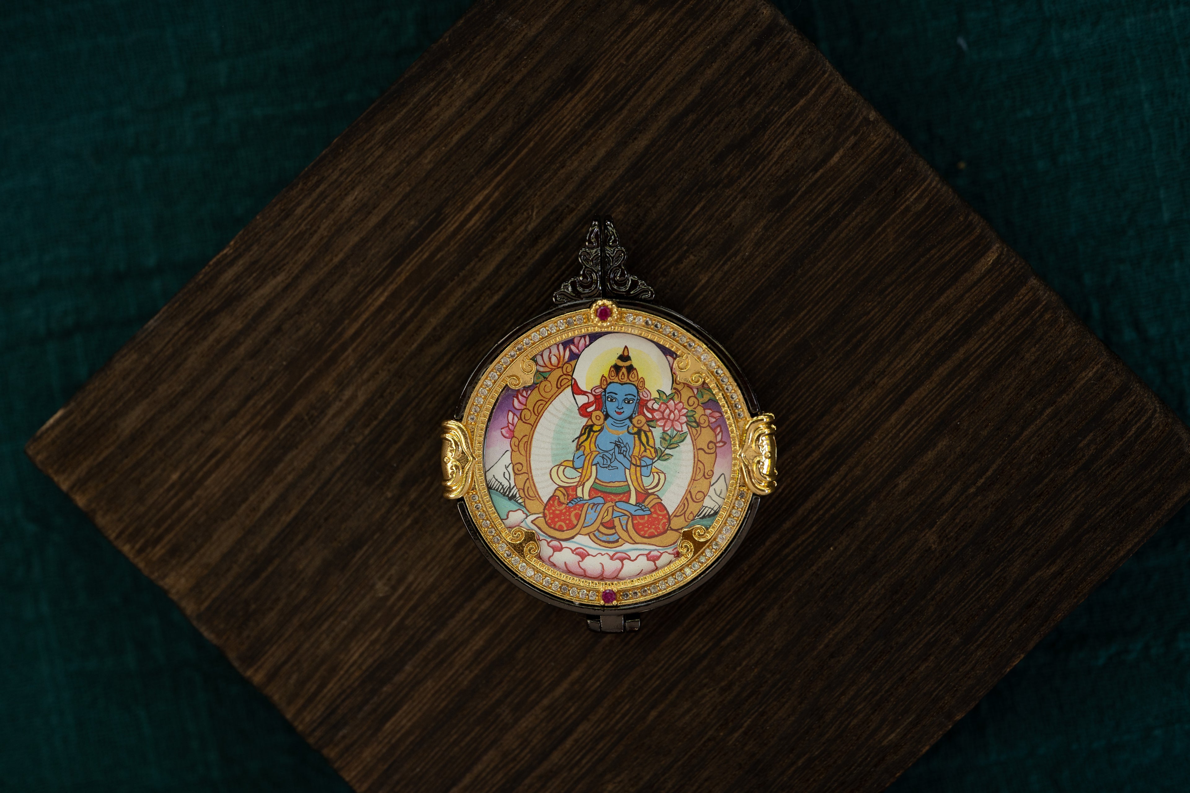 八大守护·双面系列 | 大势至菩萨&黄财神圆形双面随身唐卡 纯手工矿物颜料 藏传智慧财富维系