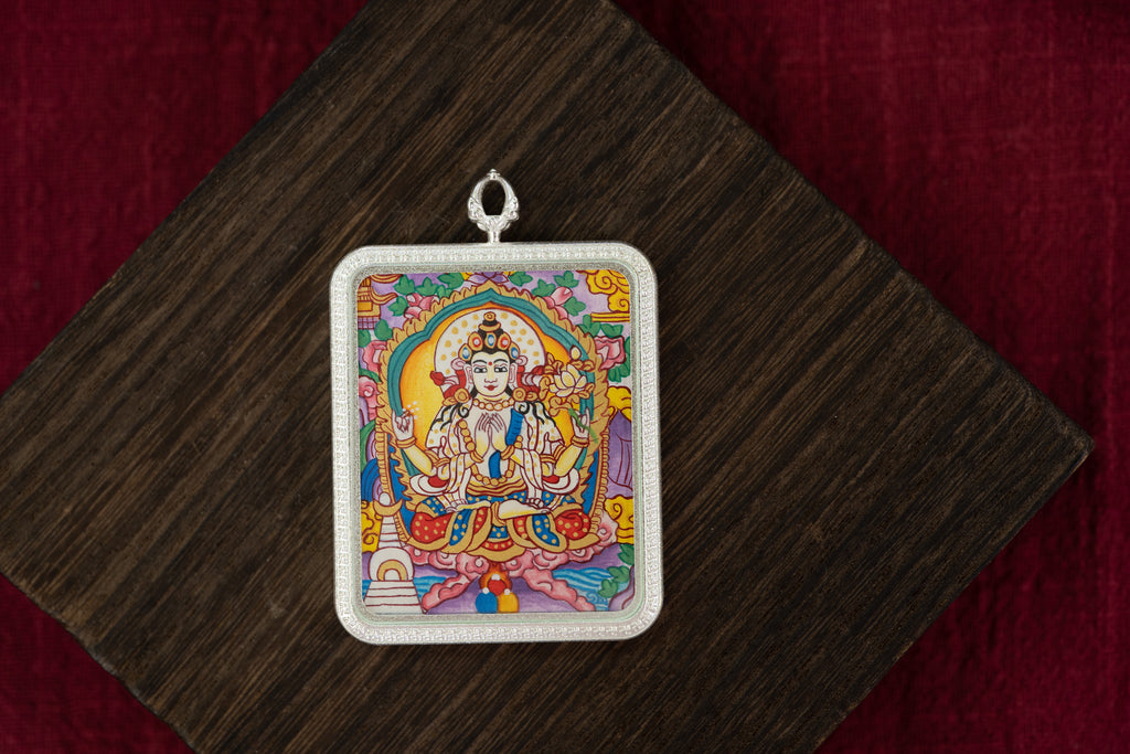 【Eight Guardians · Rat Exclusive】Four-Armed Avalokiteshvara Portable Thangka, Tibetan Pure Mineral Hand-Painted, Silver-Edged Rectangle