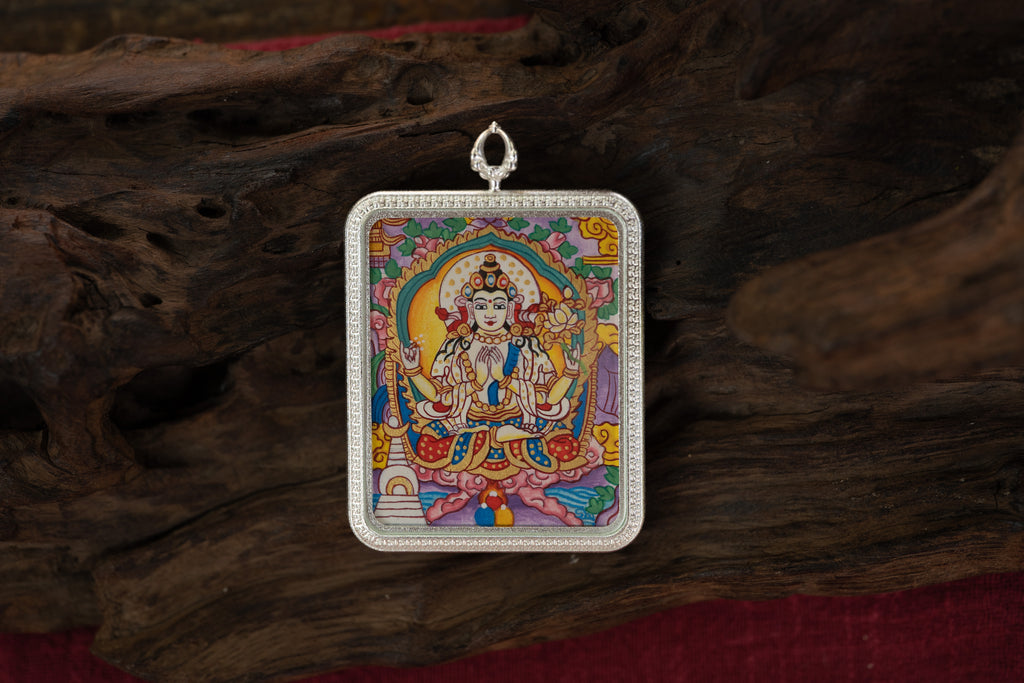 【Eight Guardians · Rat Exclusive】Four-Armed Avalokiteshvara Portable Thangka, Tibetan Pure Mineral Hand-Painted, Silver-Edged Rectangle