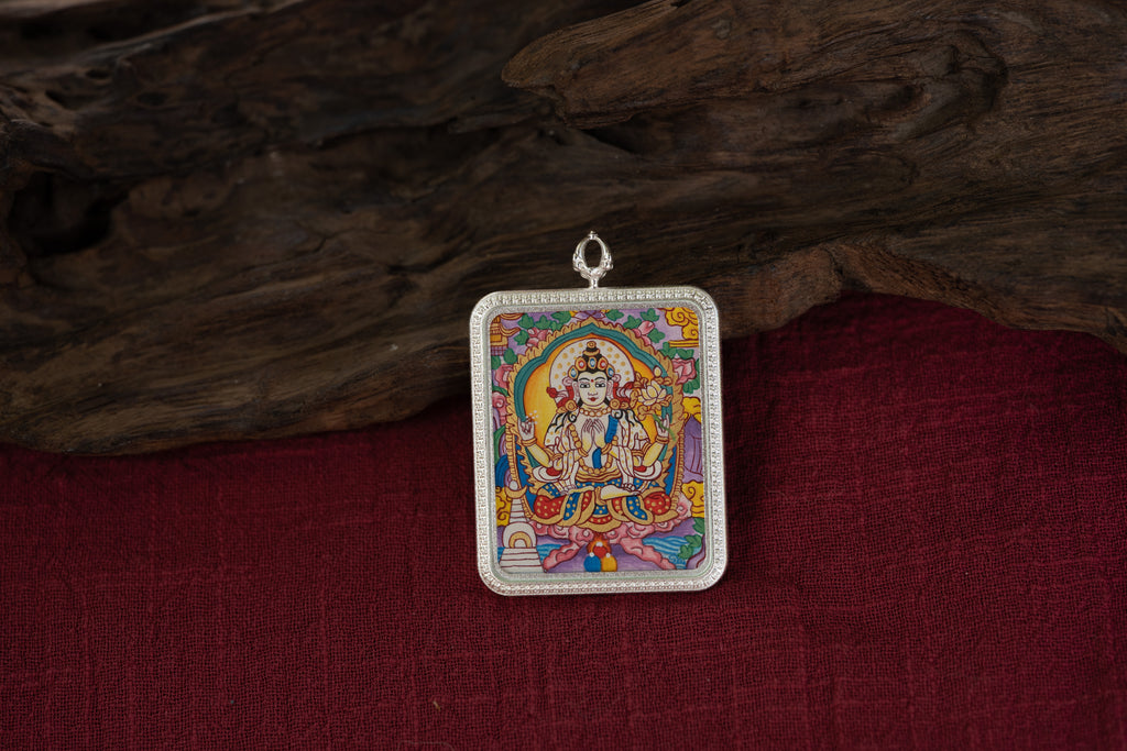 【Eight Guardians · Rat Exclusive】Four-Armed Avalokiteshvara Portable Thangka, Tibetan Pure Mineral Hand-Painted, Silver-Edged Rectangle