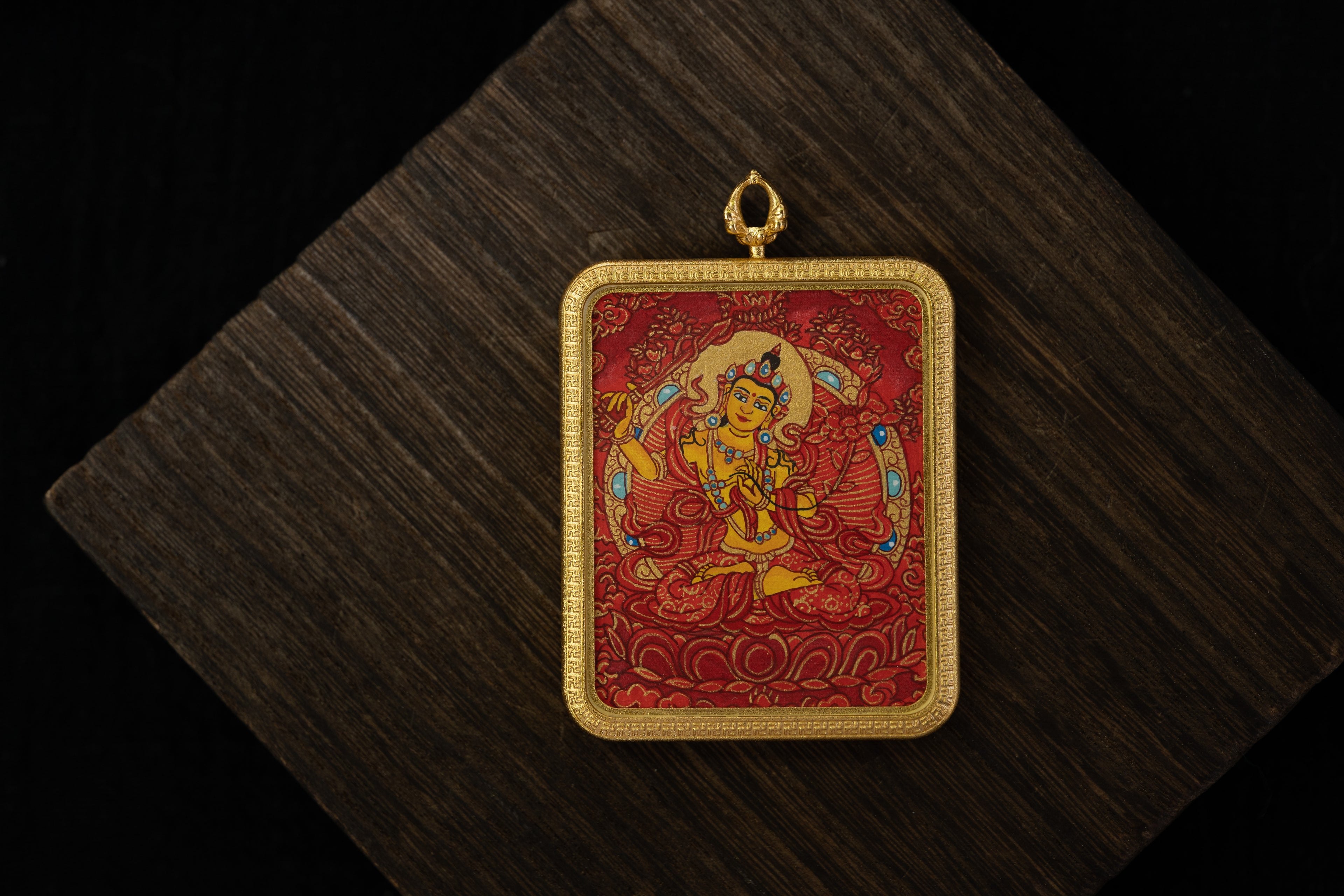 【八大守护系列】文殊菩萨 × 绿度母 双面随身唐卡 藏传纯矿物手绘 金边矩形