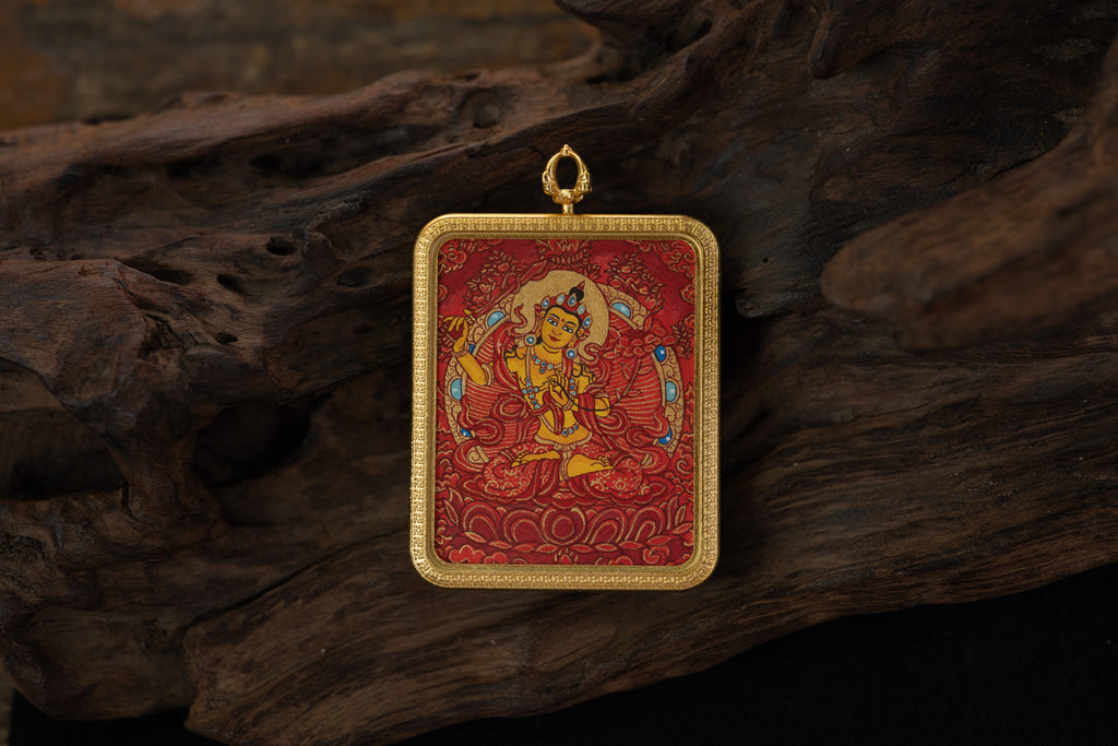【Eight Great Bodhisattvas Series】Manjushri × Green Tara Double-Sided Portable Thangka - Tibetan Pure Mineral Hand-Painted, Gold-Edged Rectangle