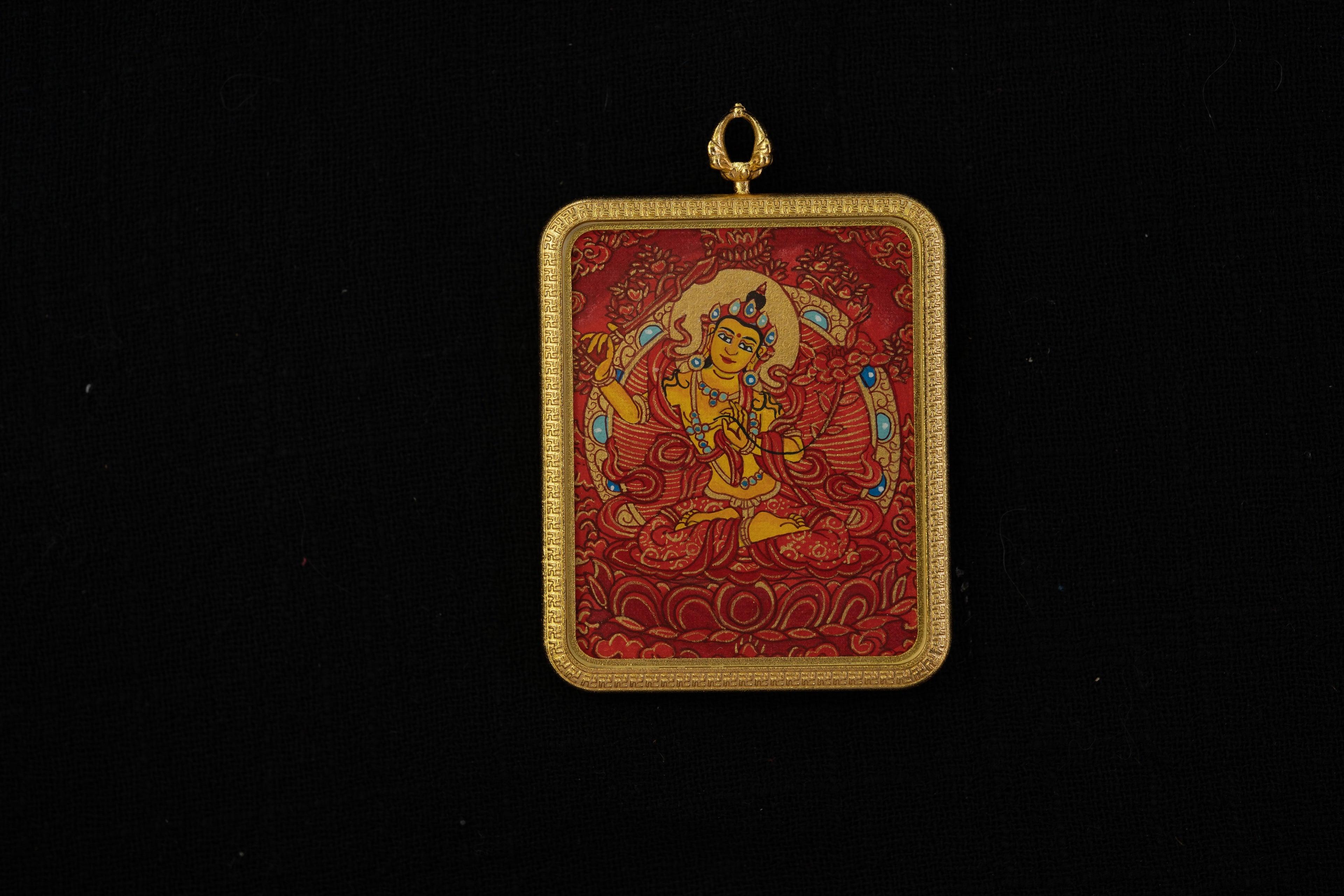 【八大守护系列】文殊菩萨 × 绿度母 双面随身唐卡 藏传纯矿物手绘 金边矩形