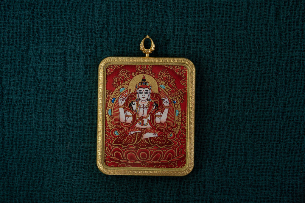 [Eight Guardian Deities · Rat Exclusive] Four-Armed Avalokiteshvara × Green Tara Double-Sided Portable Thangka - Tibetan Pure Mineral Hand-Painted, Gold-Edged Rectangle