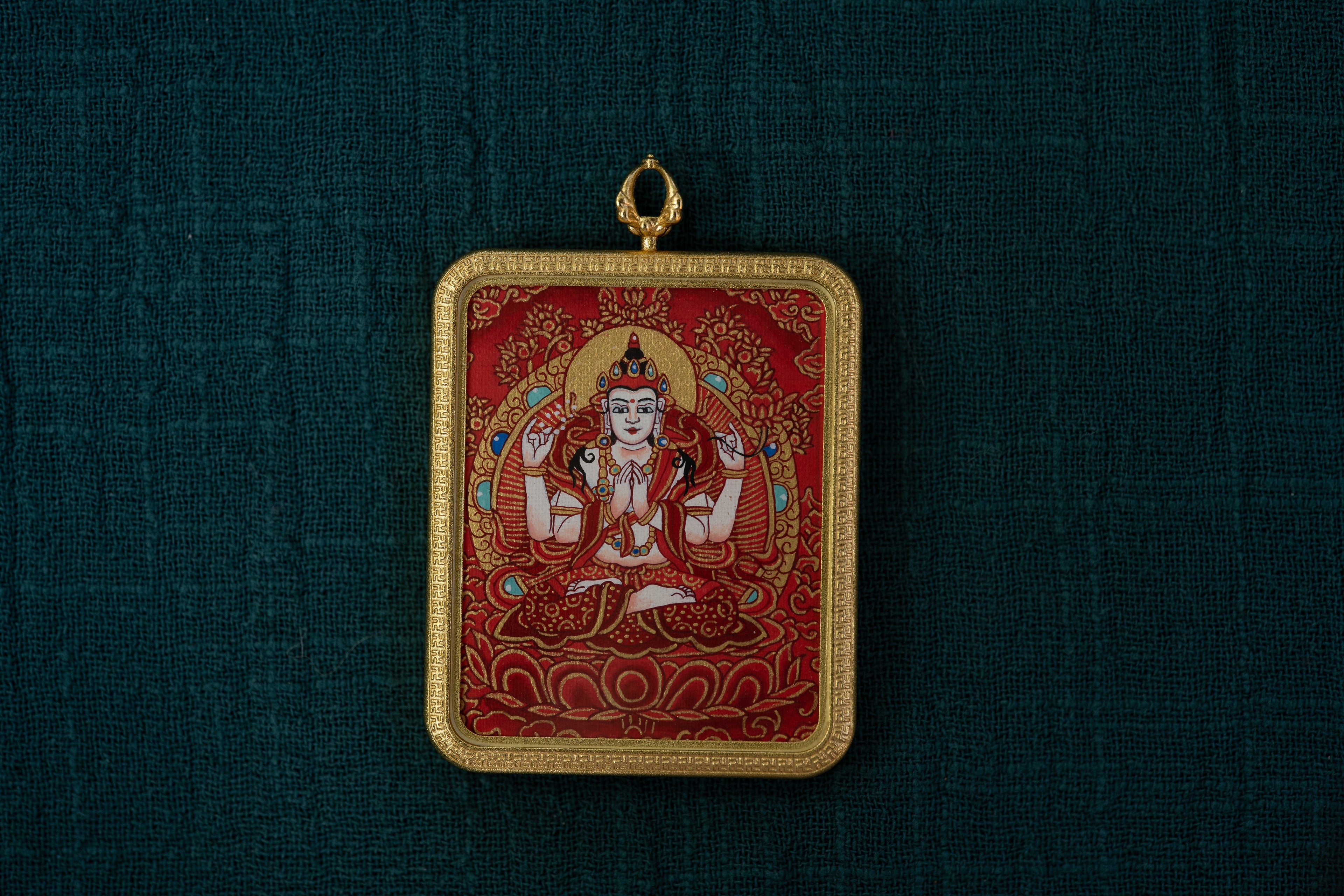 【八大守护·鼠专属】四臂观音 × 绿度母 双面随身唐卡 藏传纯矿物手绘 金边矩形