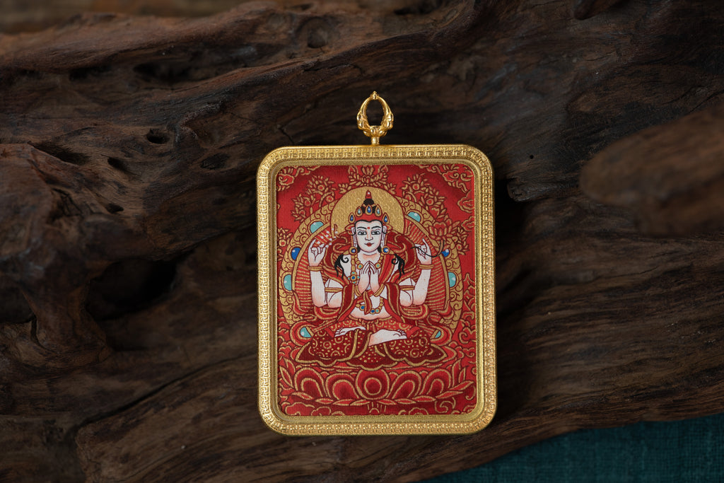 [Eight Guardian Deities · Rat Exclusive] Four-Armed Avalokiteshvara × Green Tara Double-Sided Portable Thangka - Tibetan Pure Mineral Hand-Painted, Gold-Edged Rectangle