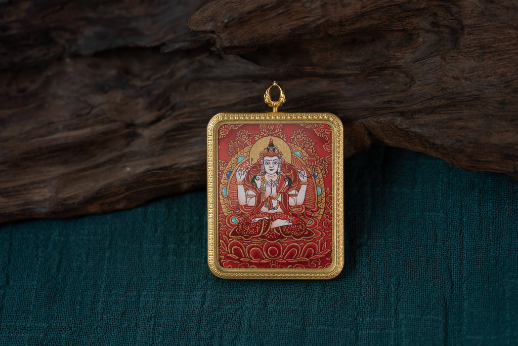 [Eight Guardian Deities · Rat Exclusive] Four-Armed Avalokiteshvara × Green Tara Double-Sided Portable Thangka - Tibetan Pure Mineral Hand-Painted, Gold-Edged Rectangle