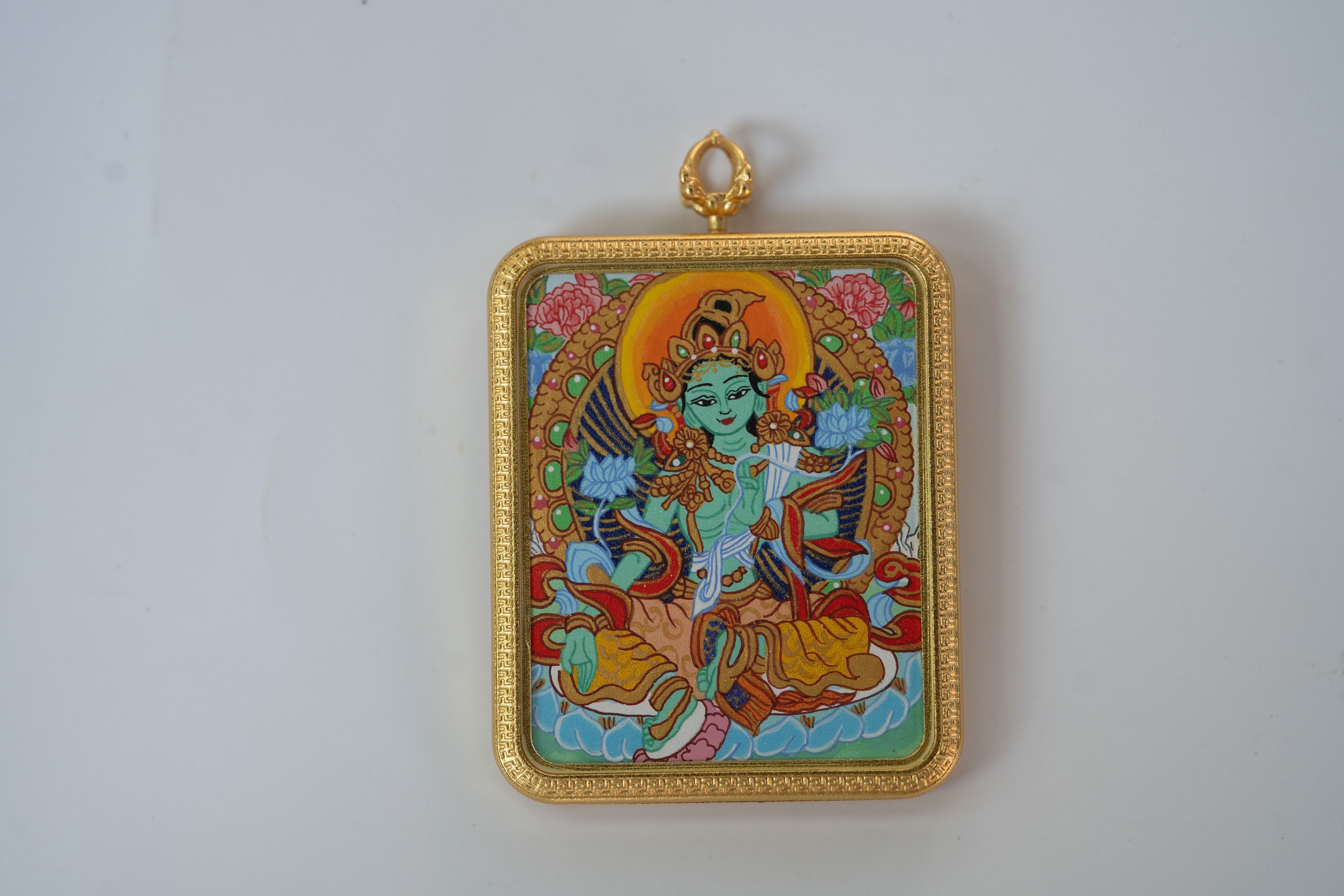 【八大守护系列】文殊菩萨 × 绿度母 双面随身唐卡 藏传纯矿物手绘 金边矩形