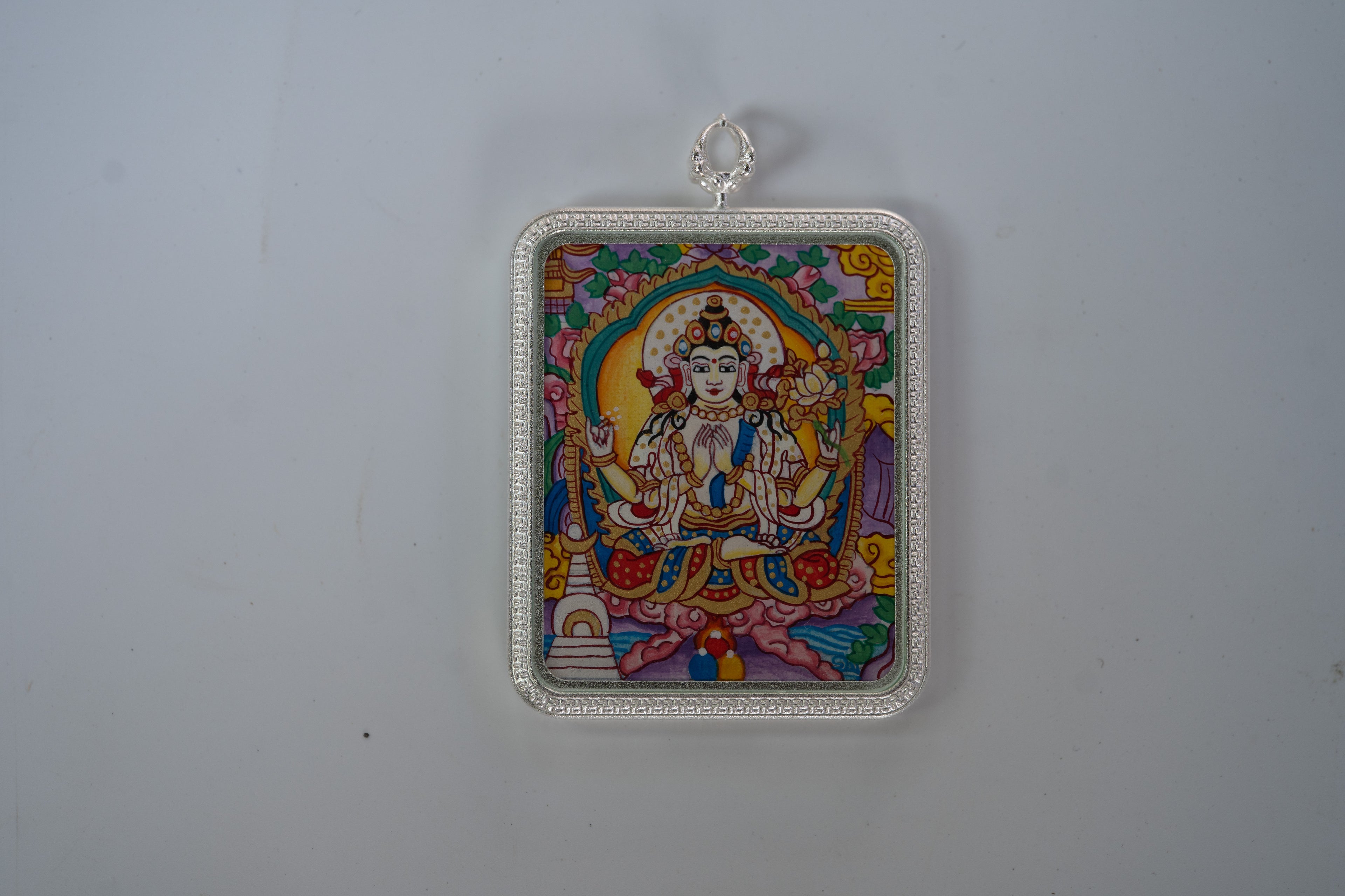 【Eight Guardians · Rat Exclusive】Four-Armed Avalokiteshvara Portable Thangka, Tibetan Pure Mineral Hand-Painted, Silver-Edged Rectangle
