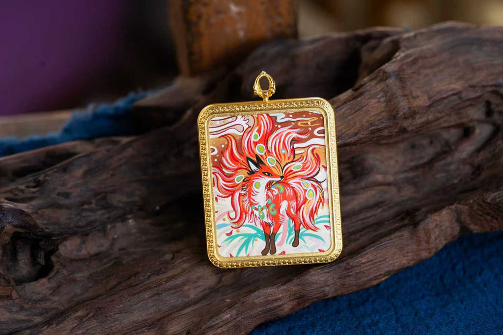 八大守护·灵狐系列 | 火焰九尾狐仙金边随身唐卡 纯手工矿物颜料 藏式护运灵兽